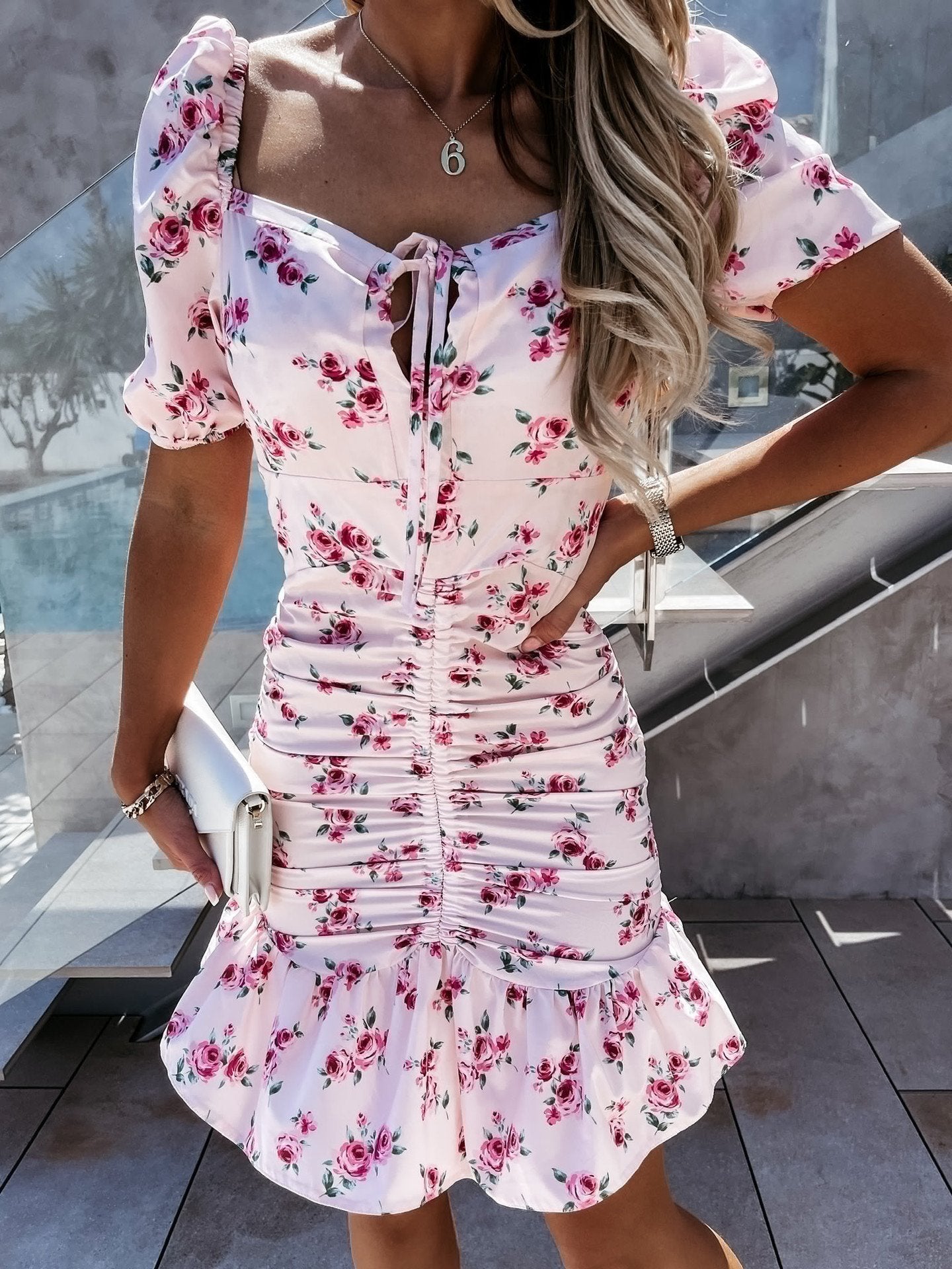 Floral Printed Short Puff Sleeve Dress - LuckyFash™