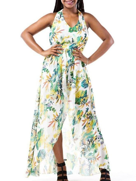 Floral Printed Sling Deep V Neck Backless Maxi Dress - LuckyFash™