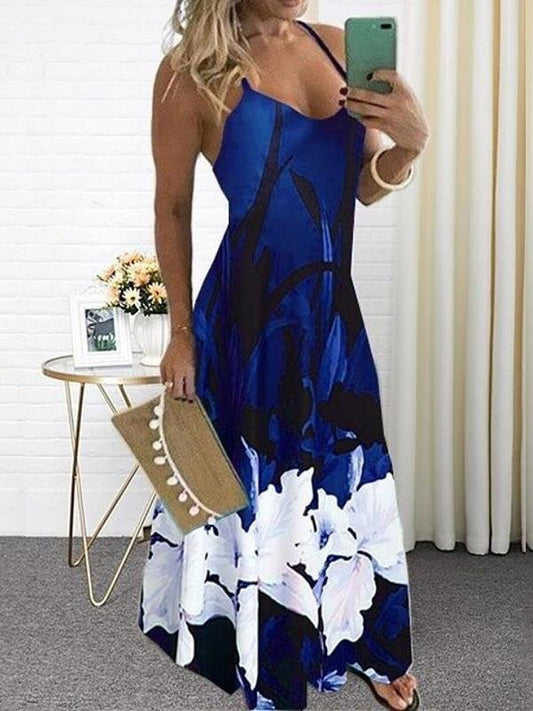 Floral Printed Sling Scoop Neck  A-line Maxi Dress - LuckyFash™