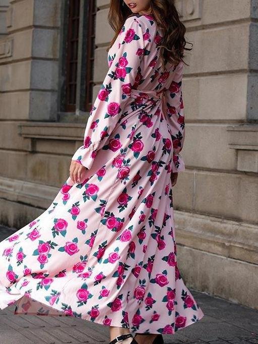 Floral Printed V Neck Long Sleeve Split Hem Maxi Dress - LuckyFash™