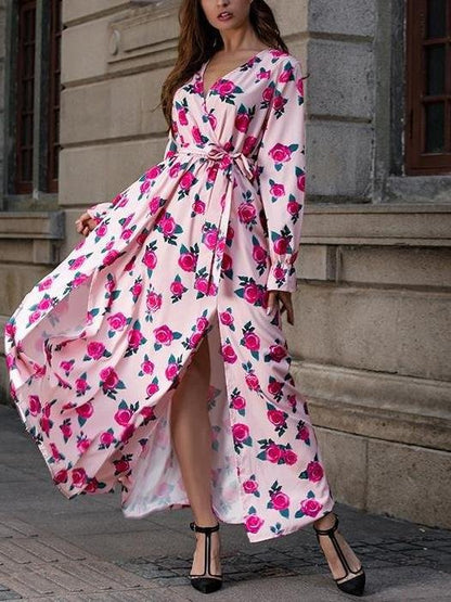 Floral Printed V Neck Long Sleeve Split Hem Maxi Dress - LuckyFash™