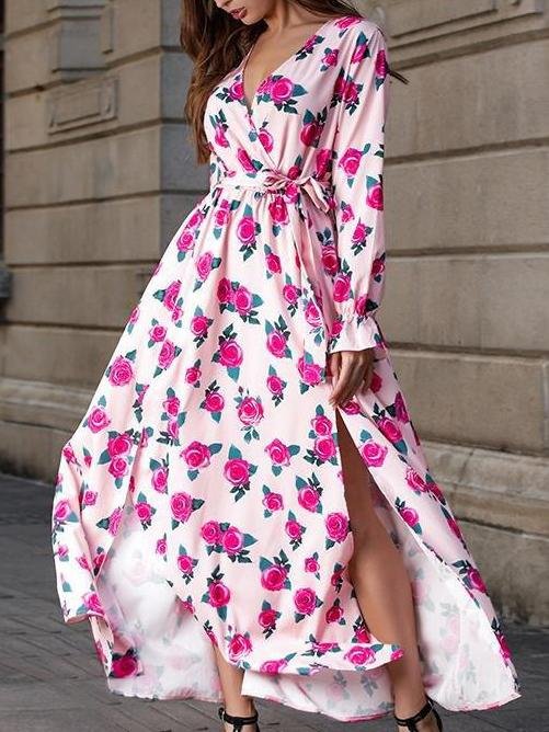 Floral Printed V Neck Long Sleeve Split Hem Maxi Dress - LuckyFash™