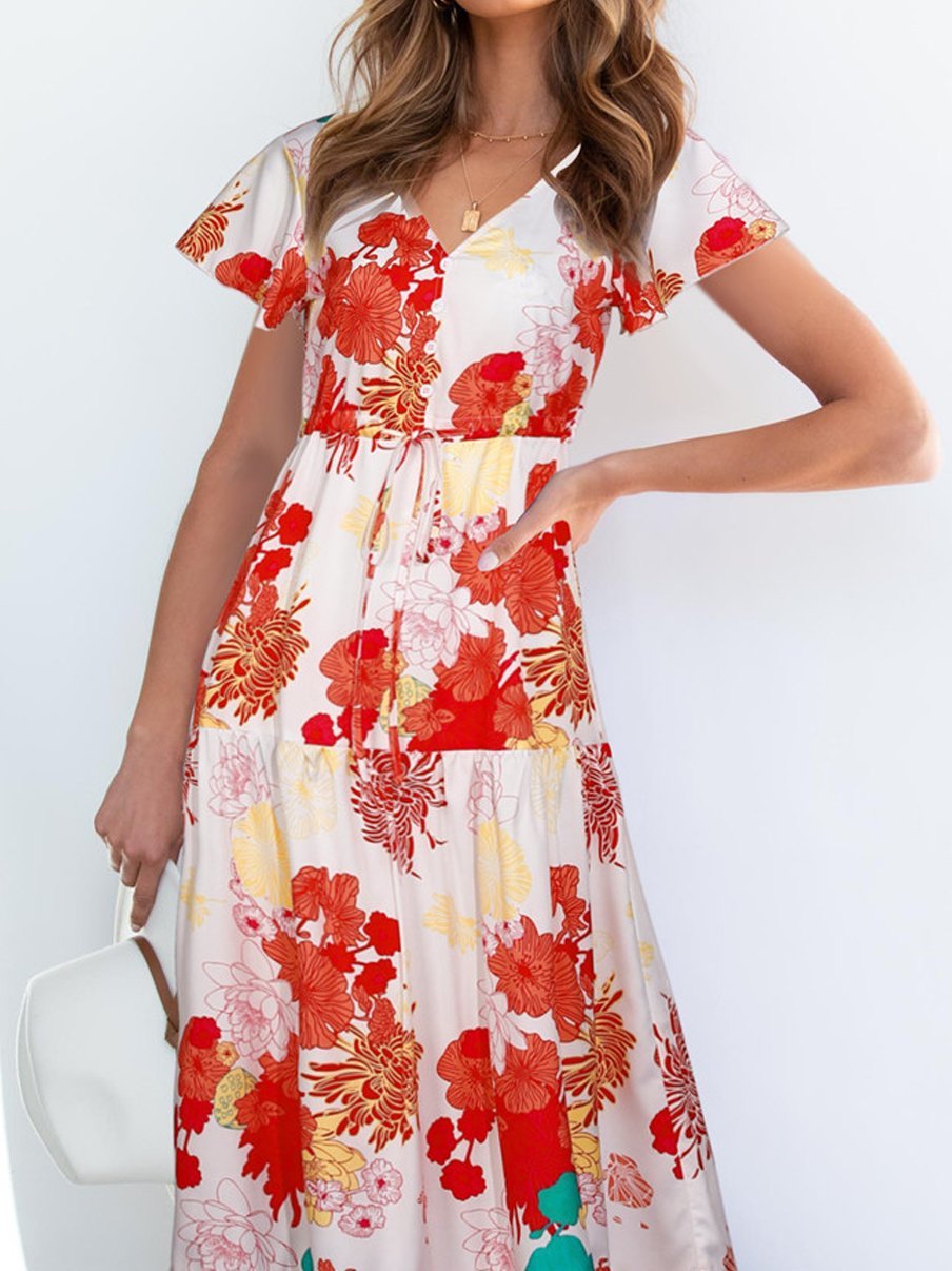 Floral Printed  V Neck Short Sleeve Ruffle Hem Maxi Dress - LuckyFash™