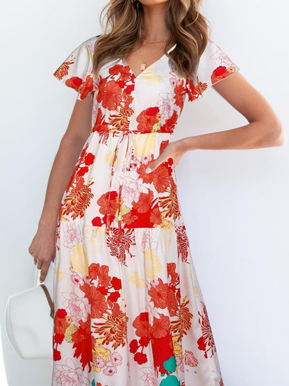 Floral Printed  V Neck Short Sleeve Ruffle Hem Maxi Dress - LuckyFash™
