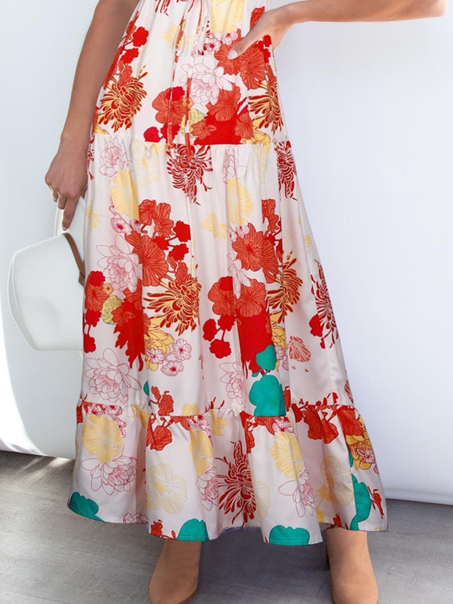 Floral Printed  V Neck Short Sleeve Ruffle Hem Maxi Dress - LuckyFash™