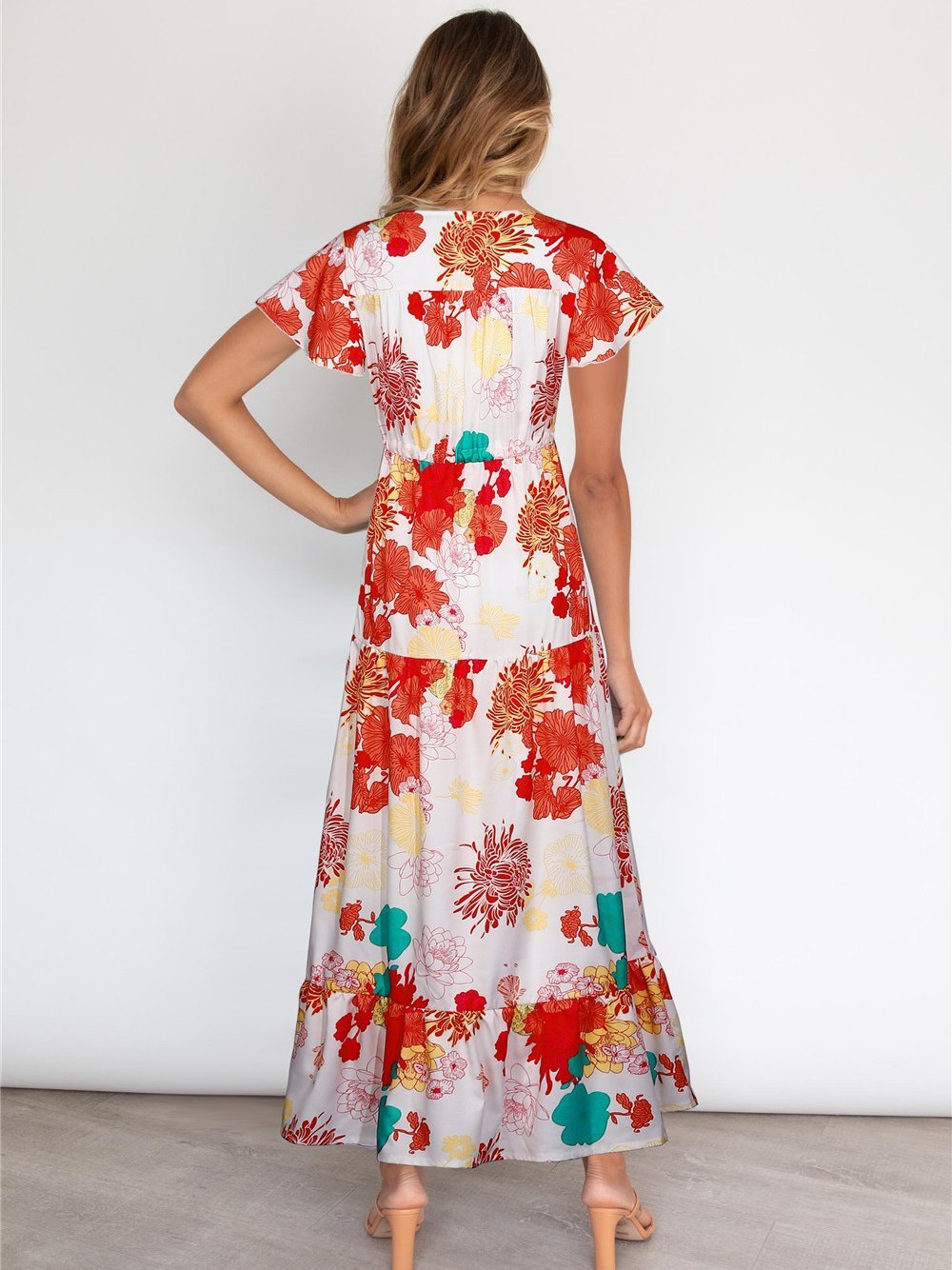 Floral Printed  V Neck Short Sleeve Ruffle Hem Maxi Dress - LuckyFash™