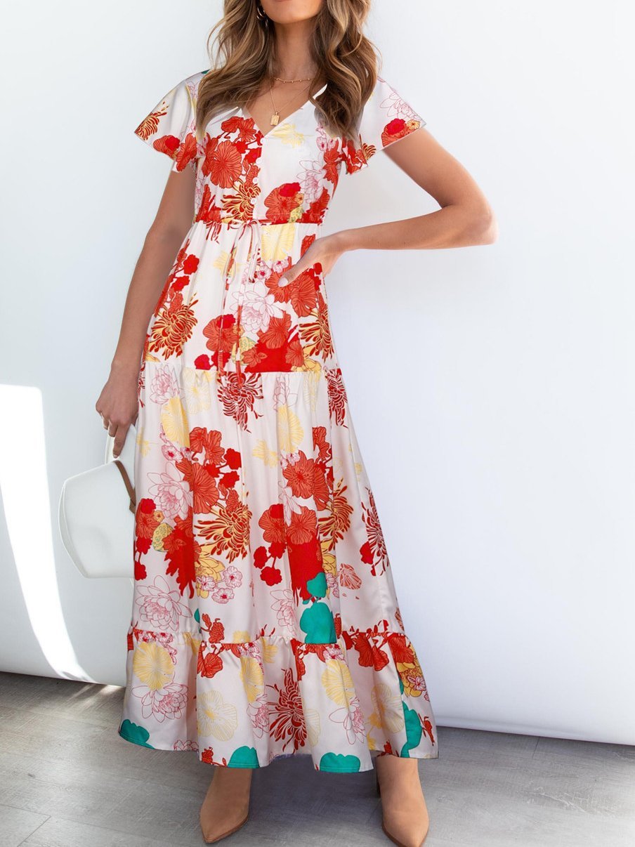 Floral Printed  V Neck Short Sleeve Ruffle Hem Maxi Dress - LuckyFash™