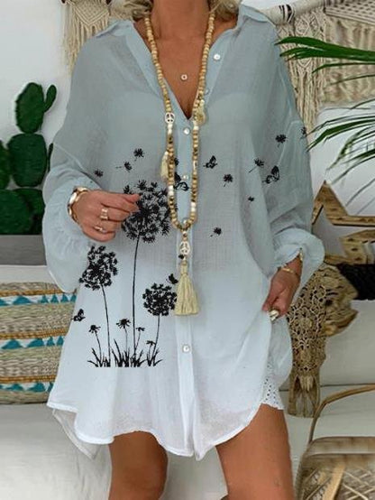 Floral Printing Long-sleeved Shirt Dress - LuckyFash™