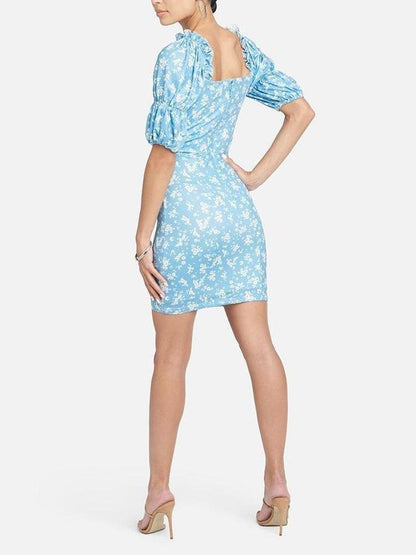 Floral Puff Sleeve Wrap Hem Plunge Neck Dress - LuckyFash™