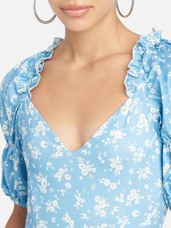 Floral Puff Sleeve Wrap Hem Plunge Neck Dress - LuckyFash™