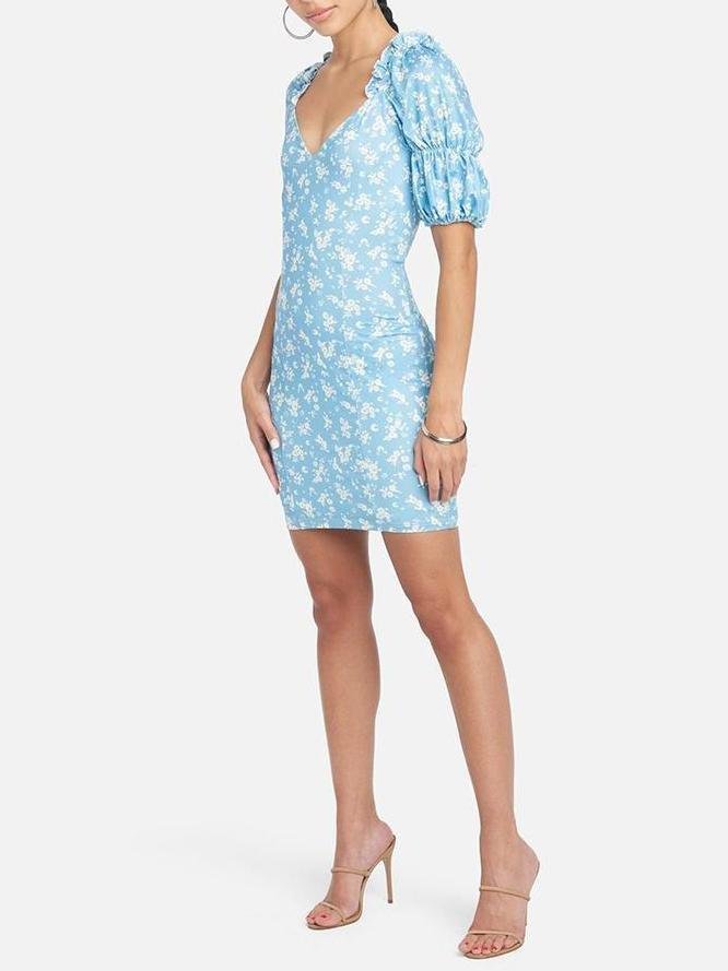 Floral Puff Sleeve Wrap Hem Plunge Neck Dress - LuckyFash™