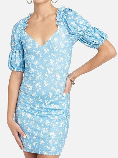Floral Puff Sleeve Wrap Hem Plunge Neck Dress - LuckyFash™