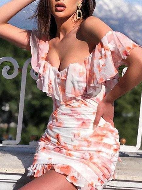 Floral Ruffle Off-Shoulder Bodycon Mini Dress - LuckyFash™