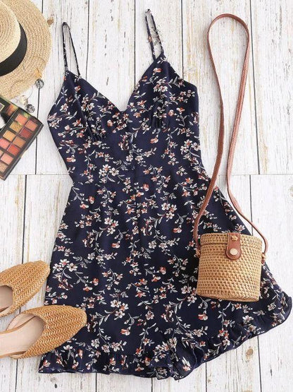 Floral Ruffle Smocked Wide Leg Cami Romper - LuckyFash™