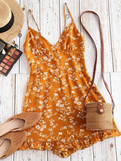 Floral Ruffle Smocked Wide Leg Cami Romper - LuckyFash™