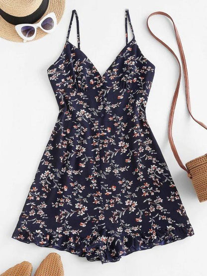 Floral Ruffle Smocked Wide Leg Cami Romper - LuckyFash™