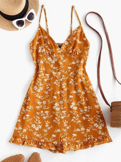 Floral Ruffle Smocked Wide Leg Cami Romper - LuckyFash™