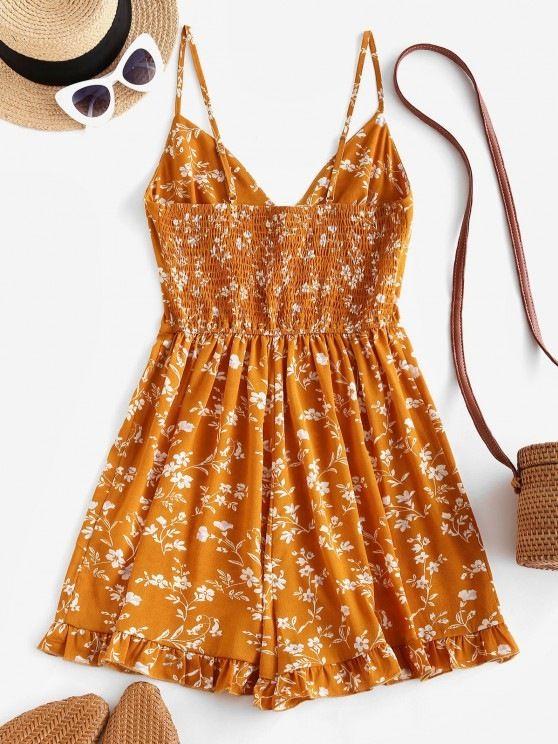 Floral Ruffle Smocked Wide Leg Cami Romper - LuckyFash™