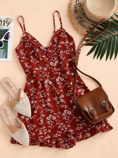 Floral Ruffle Smocked Wide Leg Cami Romper - LuckyFash™