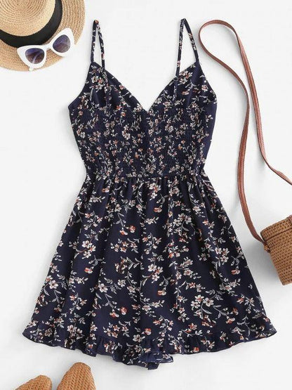 Floral Ruffle Smocked Wide Leg Cami Romper - LuckyFash™
