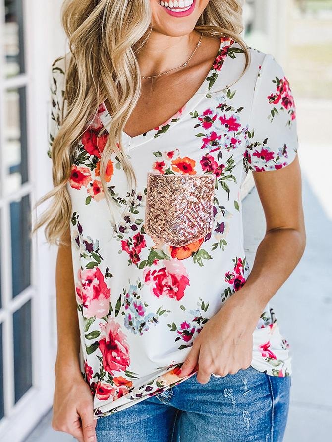 Floral Sequins Pocket V-neck T-shirt - LuckyFash™