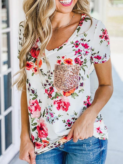Floral Sequins Pocket V-neck T-shirt - LuckyFash™