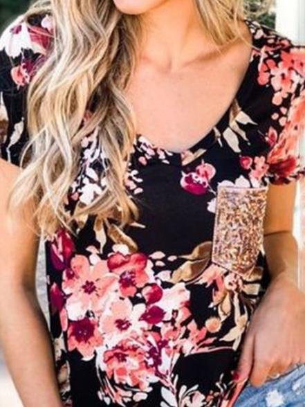 Floral Sequins Pocket V-neck T-shirt - LuckyFash™
