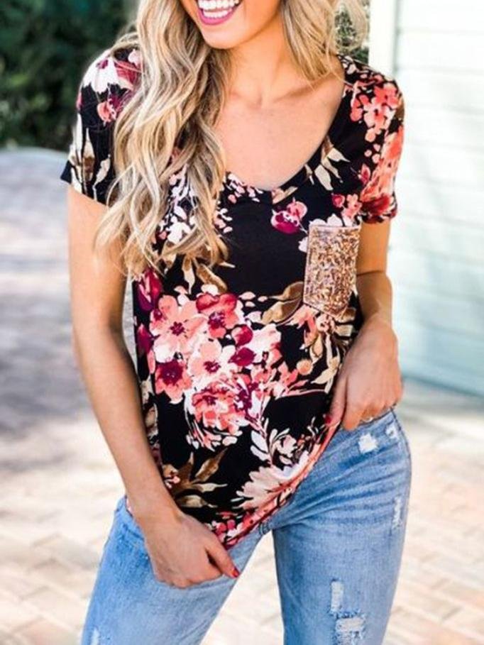 Floral Sequins Pocket V-neck T-shirt - LuckyFash™
