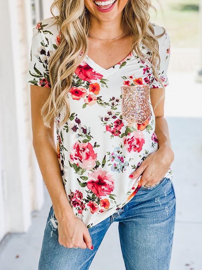Floral Sequins Pocket V-neck T-shirt - LuckyFash™