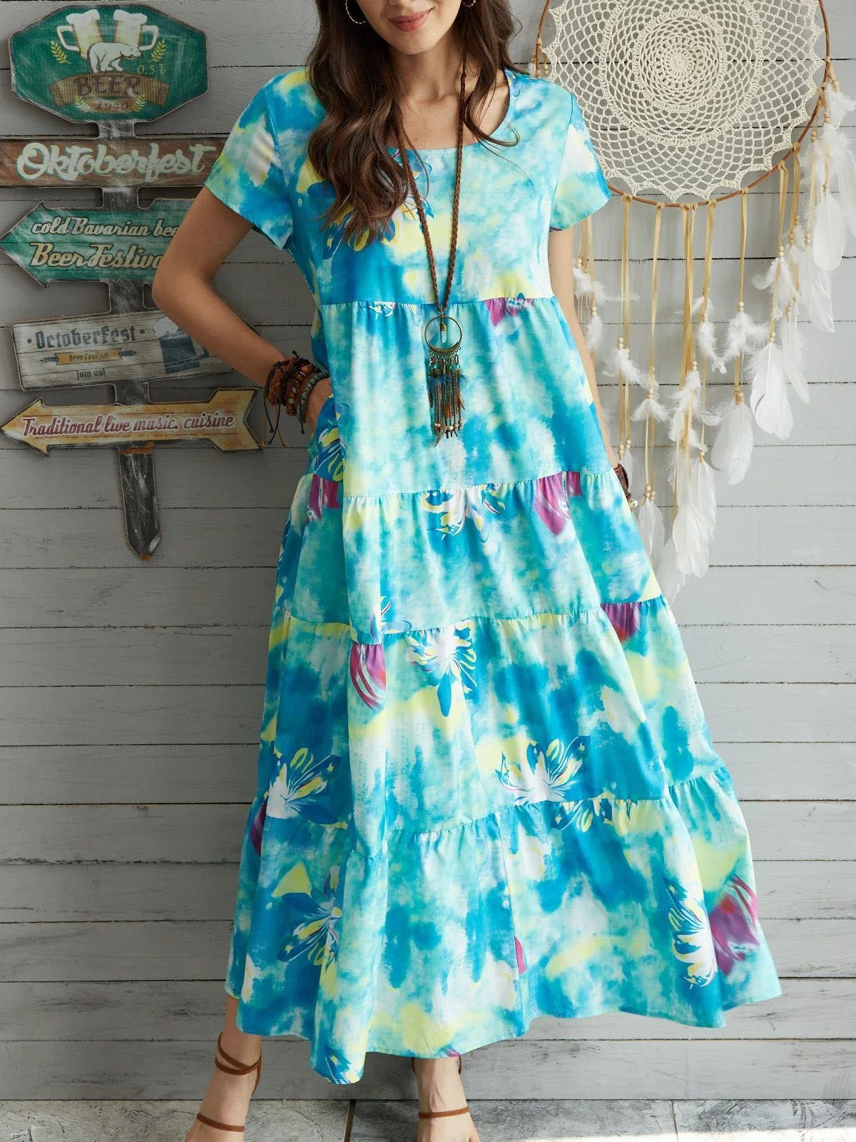 Floral Short Sleeve Round Neck Stitching High Waist Dress - LuckyFash™