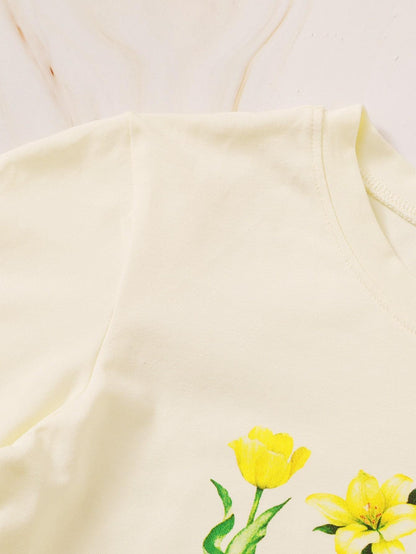 Floral & Slogan Graphic Lettuce Trim Tee - LuckyFash™