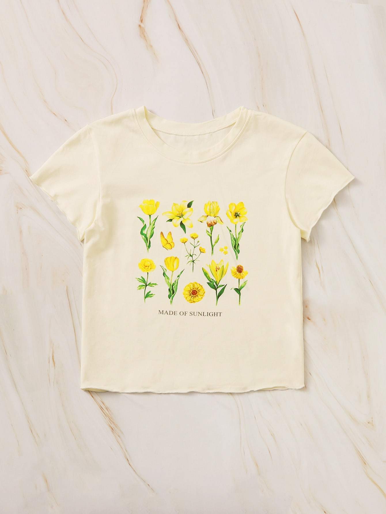 Floral & Slogan Graphic Lettuce Trim Tee - LuckyFash™