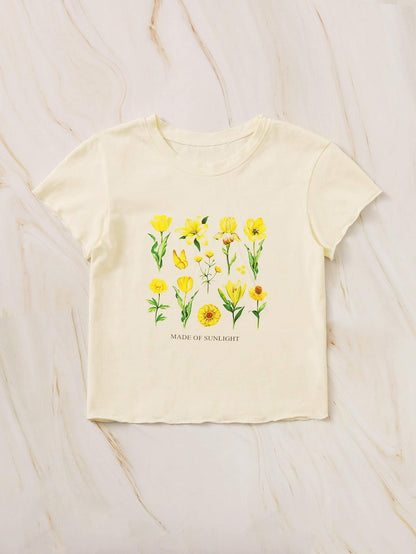 Floral & Slogan Graphic Lettuce Trim Tee - LuckyFash™