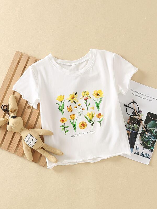 Floral & Slogan Graphic Lettuce Trim Tee - LuckyFash™