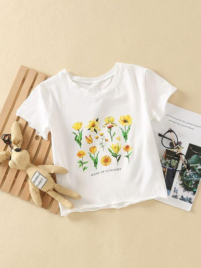 Floral & Slogan Graphic Lettuce Trim Tee - LuckyFash™