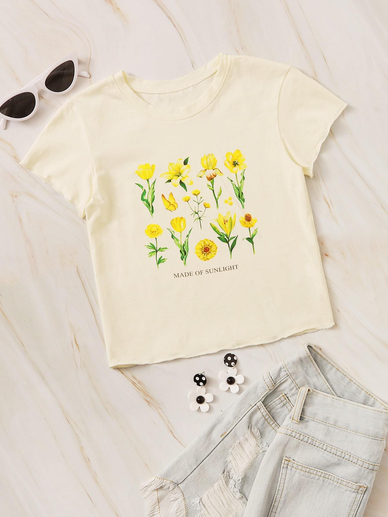 Floral & Slogan Graphic Lettuce Trim Tee - LuckyFash™