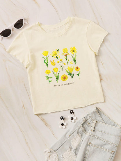 Floral & Slogan Graphic Lettuce Trim Tee - LuckyFash™