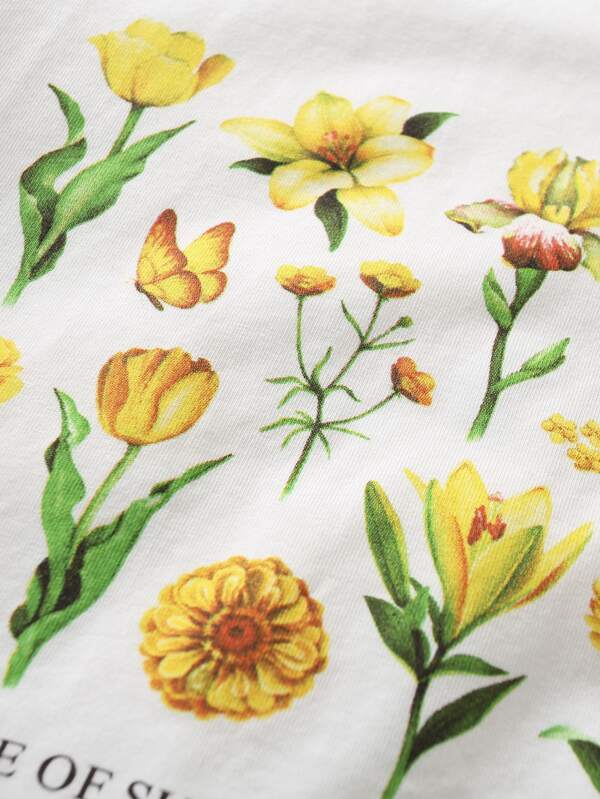 Floral & Slogan Graphic Lettuce Trim Tee - LuckyFash™