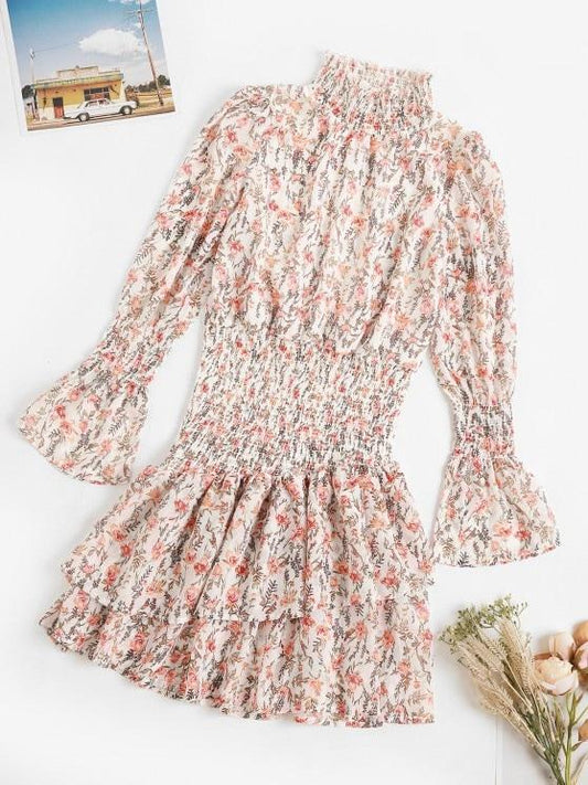 Floral Smocked Layered Hem Poet Sleeve Dress - LuckyFash™