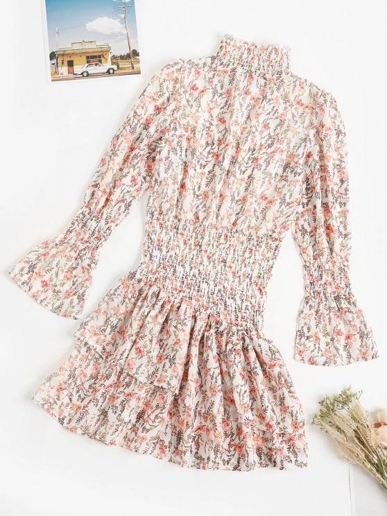 Floral Smocked Layered Hem Poet Sleeve Dress - LuckyFash™