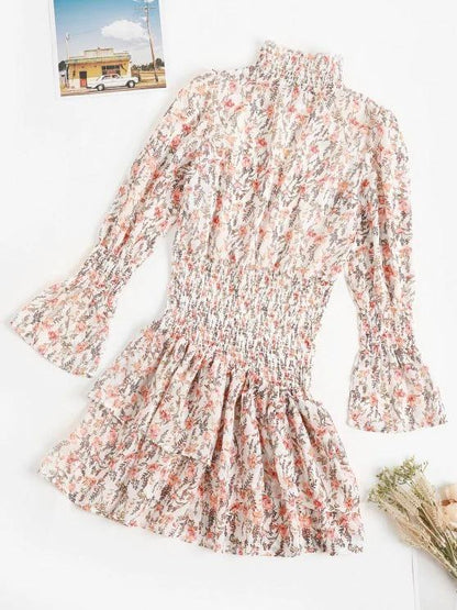 Floral Smocked Layered Hem Poet Sleeve Dress - LuckyFash™
