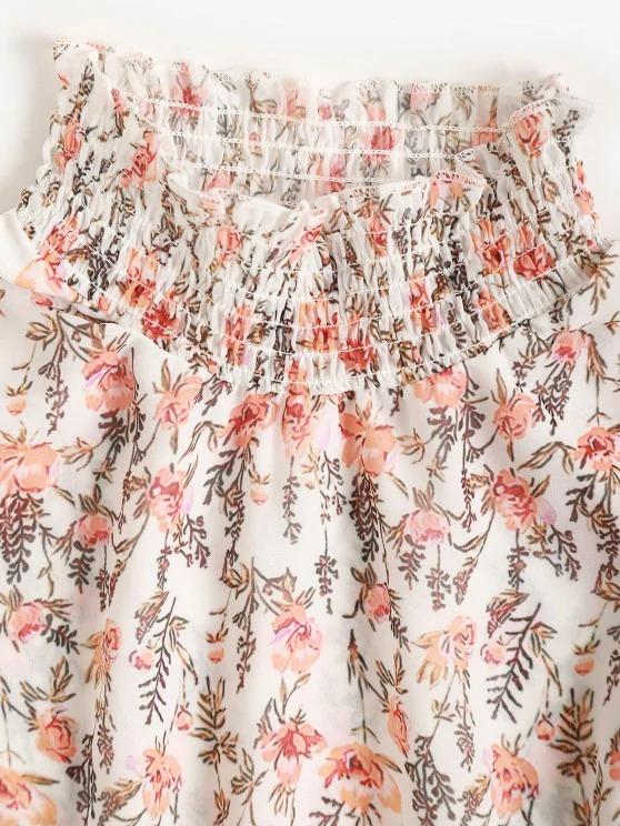 Floral Smocked Layered Hem Poet Sleeve Dress - LuckyFash™