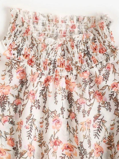 Floral Smocked Layered Hem Poet Sleeve Dress - LuckyFash™