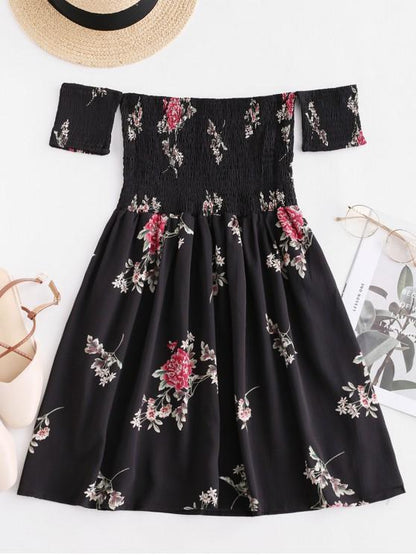Floral Smocked Off Shoulder Mini Dress - LuckyFash™