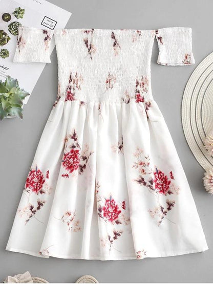 Floral Smocked Off Shoulder Mini Dress - LuckyFash™