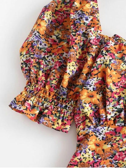 Floral Smocked Puff Sleeve Milkmaid Dress - LuckyFash™