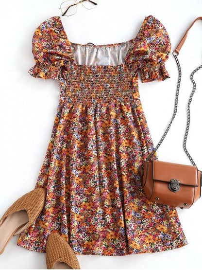 Floral Smocked Puff Sleeve Milkmaid Dress - LuckyFash™