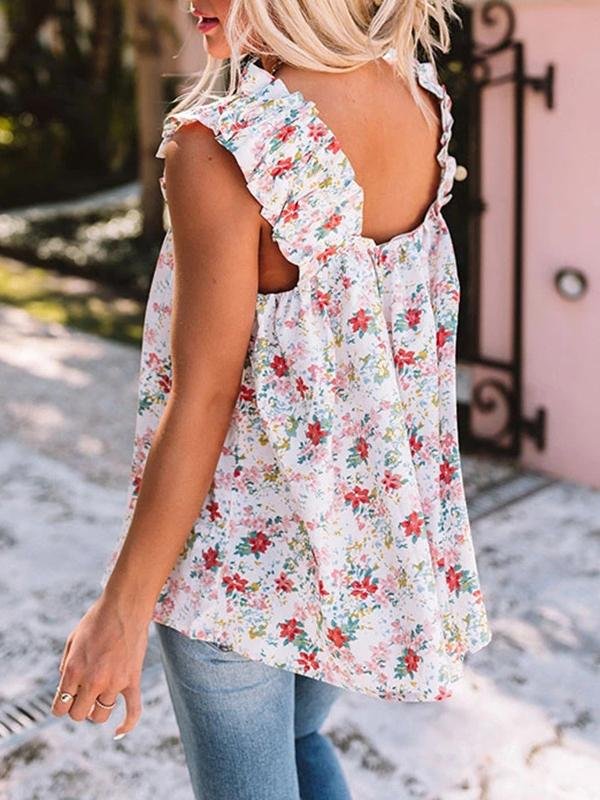 Floral Square Neck Sleeveless Loose Tank Tops - LuckyFash™