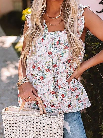Floral Square Neck Sleeveless Loose Tank Tops - LuckyFash™