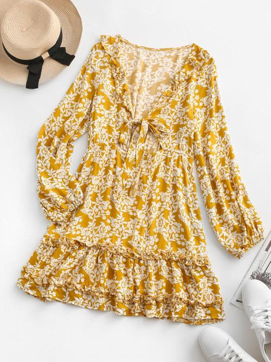 Floral Tie Front Ruffles Long Sleeve Dress - LuckyFash™